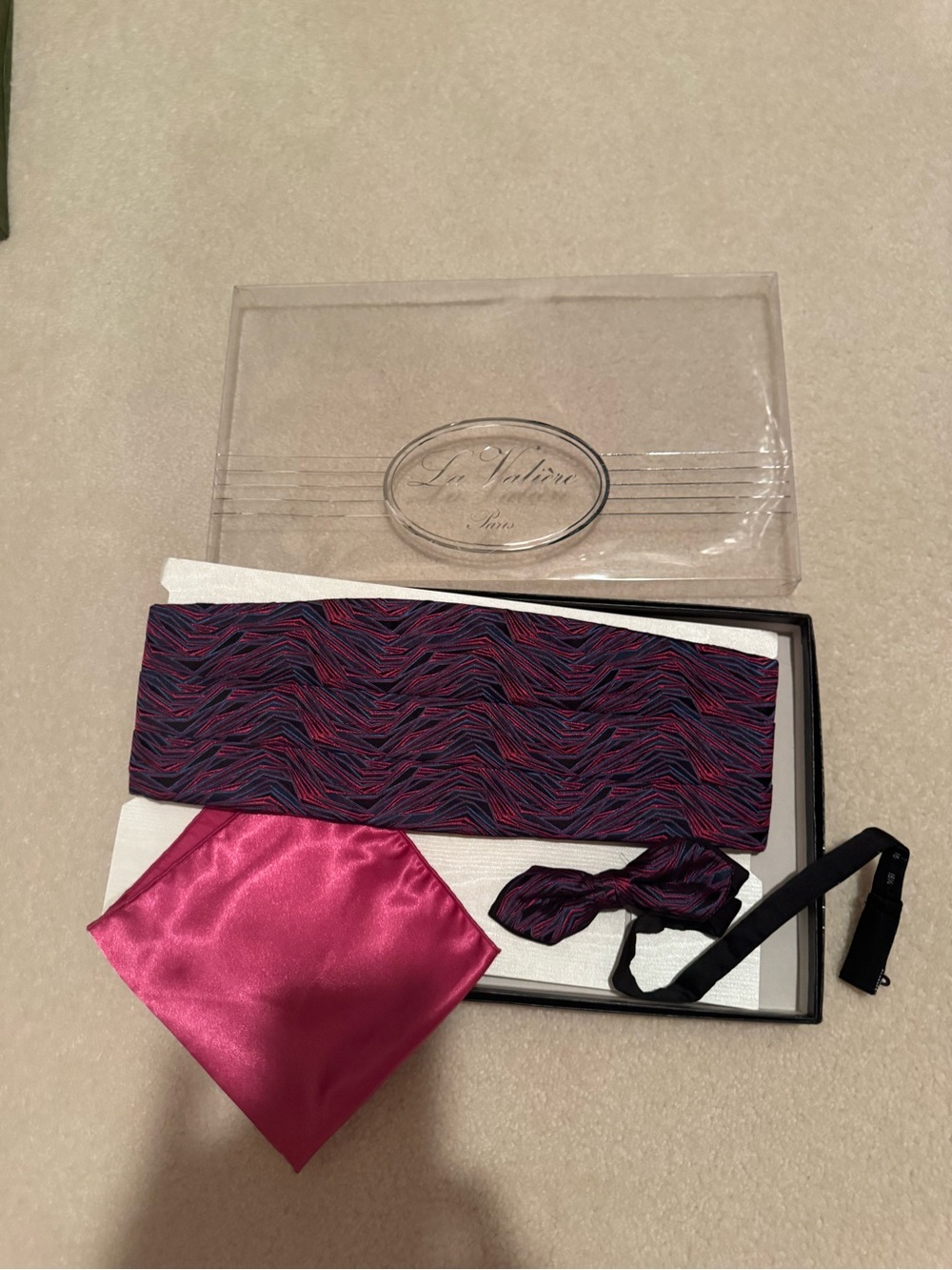 Men's black & Pink Cummerbund, Bow tie, and Pocket Square Set